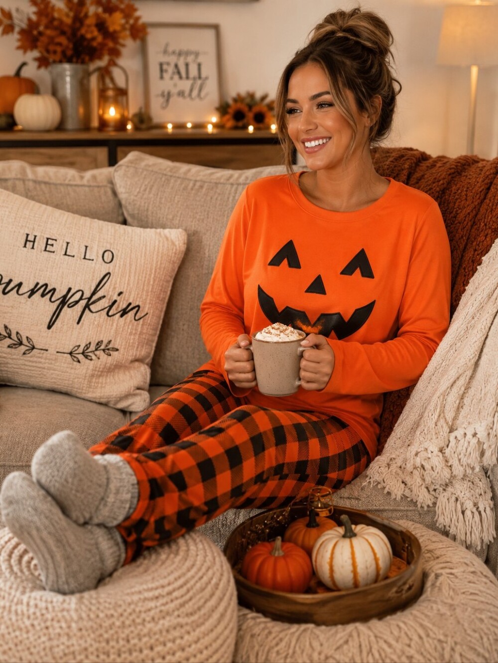 NWT Halloween Pumpkin Plaid Pajama Set Long Sleeve Size S